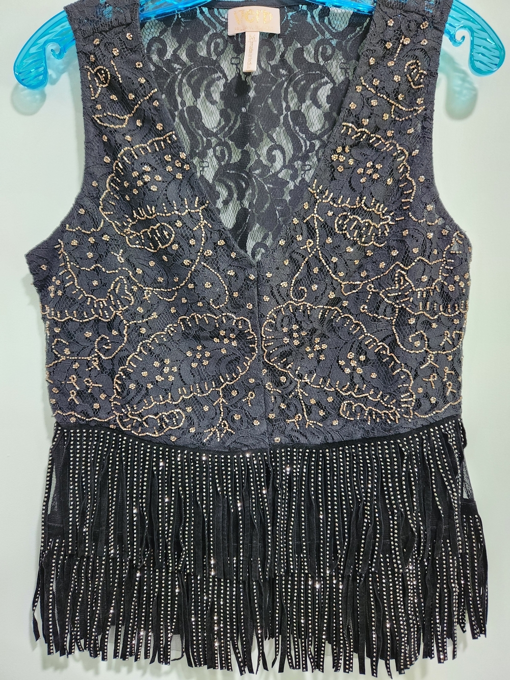 Beaded Lace Fringe V-Neck Women's Top - Black by (Unknown)